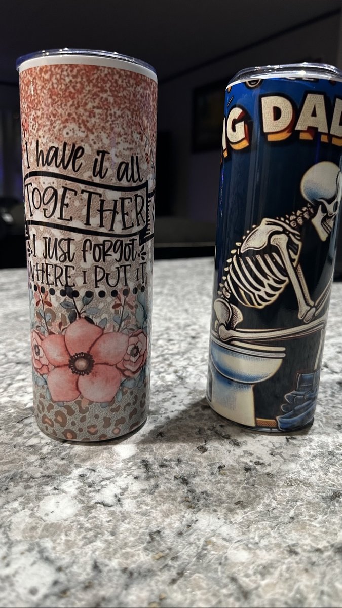 Two printed tumblers — a floral funny-quote design and a skeleton design — by KB Custom Creations