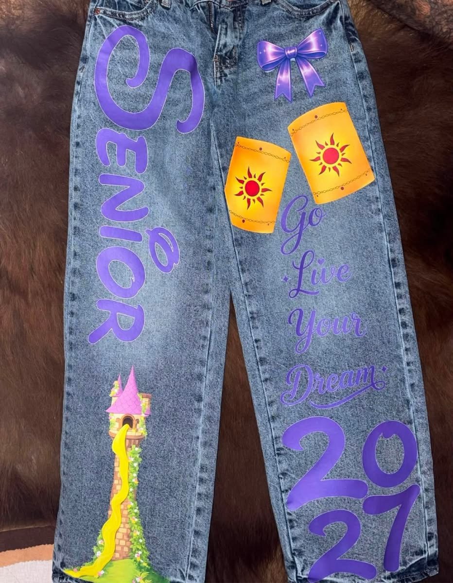 Custom printed jeans with Senior and class of 2027 artwork, made by KB Custom Creations