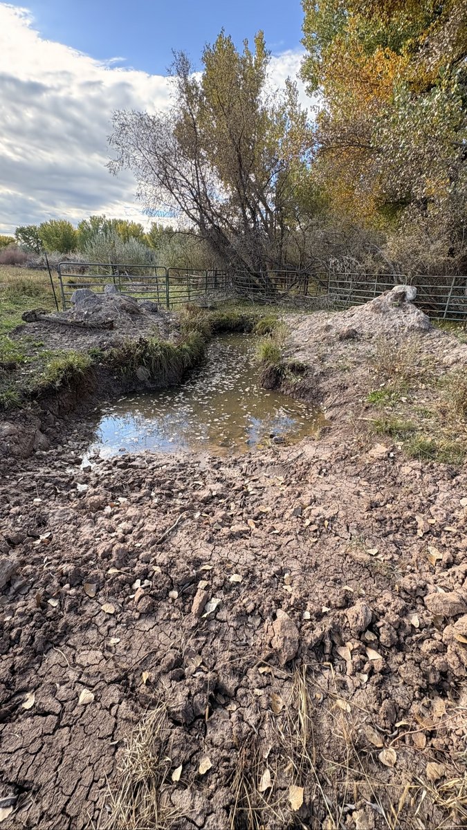 Ditch crossing with muddy, washed-out banks by a ranch gate before BK Hauling & Clearing work