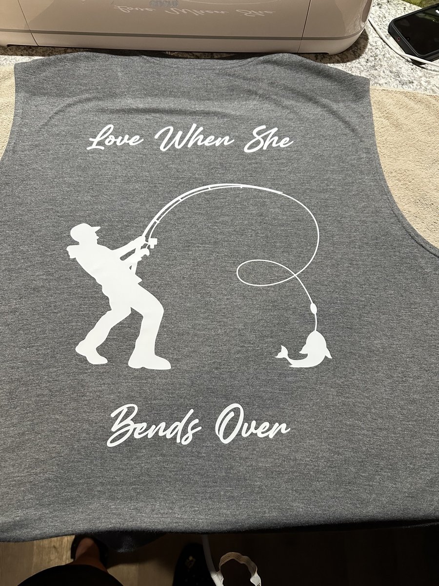Gray tank top with a fishing design and joke lettering, made by KB Custom Creations