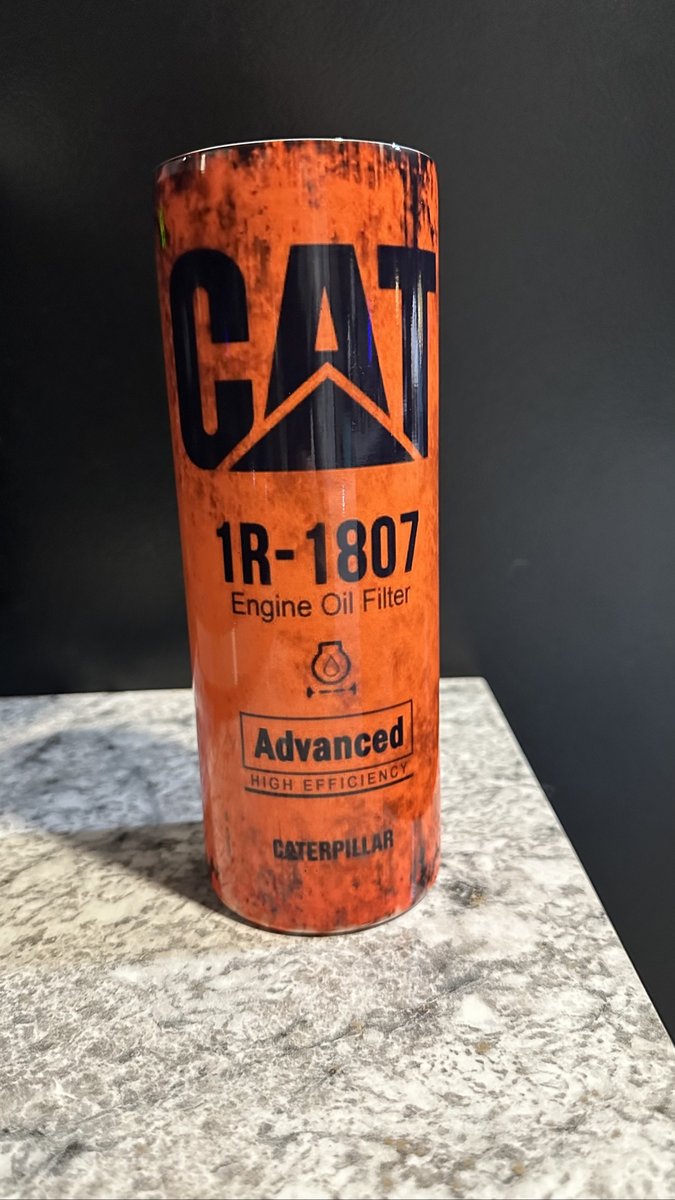 Orange tumbler printed to look like a CAT engine oil filter, by KB Custom Creations