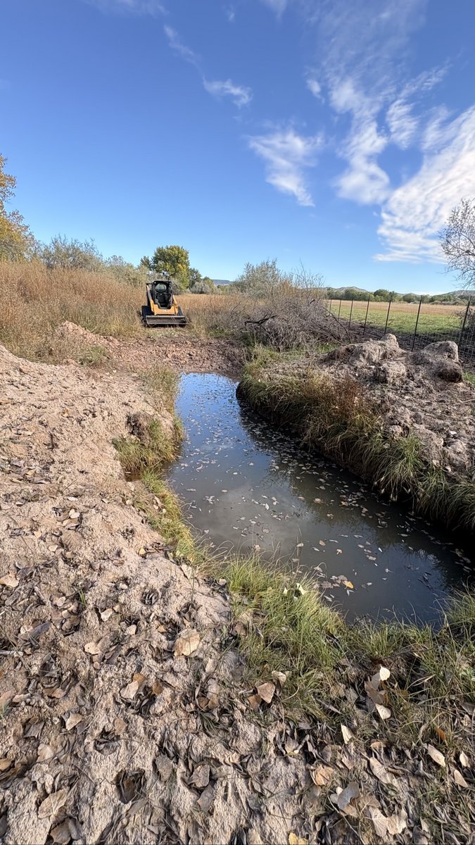 Drainage ditch with rough, overgrown banks and standing water before BK Hauling & Clearing work, CAT skid steer at the far end