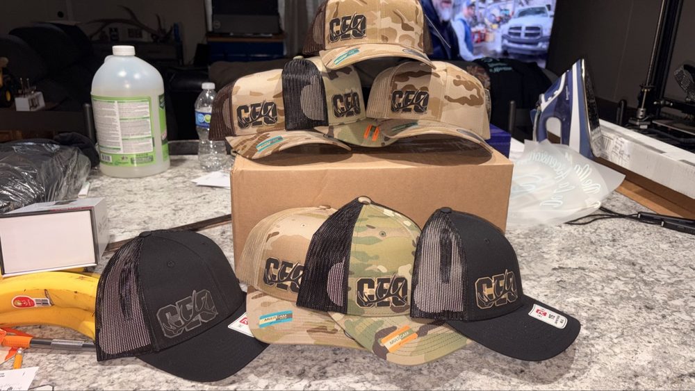 Batch of finished custom hats ready for pickup