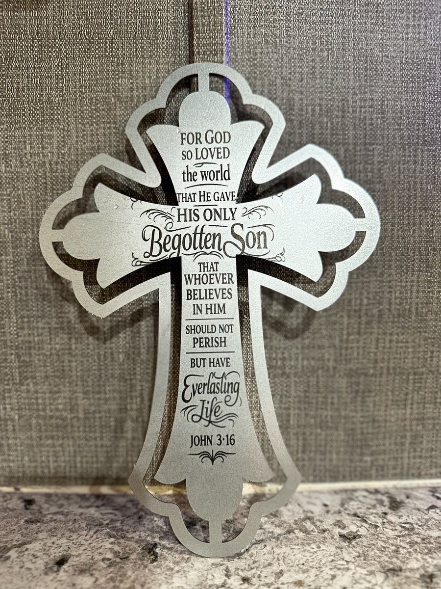 Layered metal cross wall art engraved with the John 3:16 verse, by KB Custom Creations