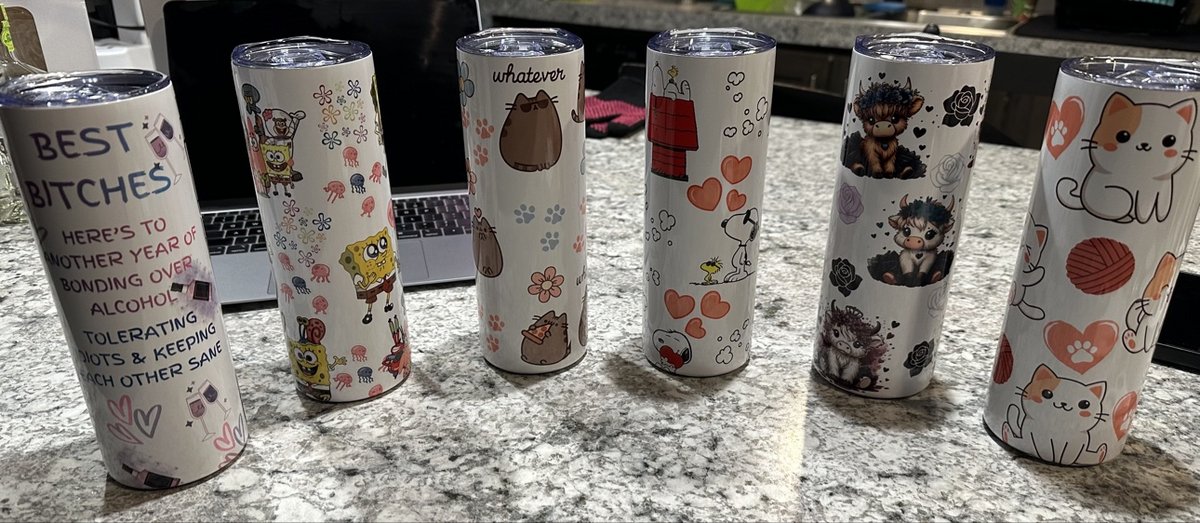 Lineup of full-wrap printed tumblers with character, cat, cow, and funny-quote designs, by KB Custom Creations